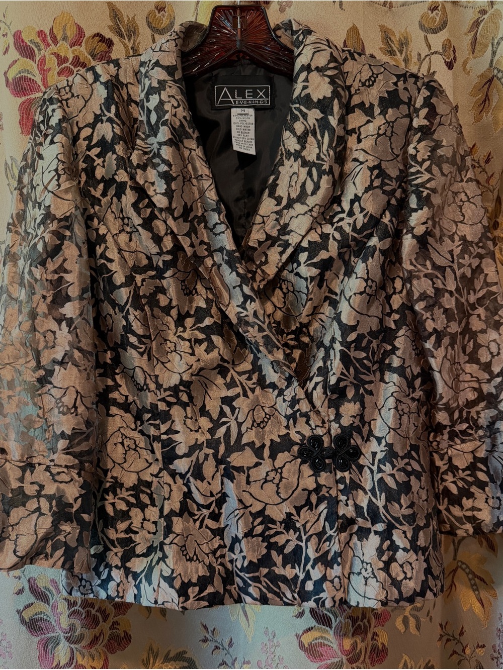 Alex Evenings Black and Champagne Floral Brocade Lined Blazer M